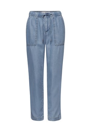 Jasnoniebieskie dresowe spodnie joggery z denimu z elastycznym pasem, sznurkiem do wiązania i dużymi przednimi kieszeniami naszywanymi, o prostym kroju nogawek.