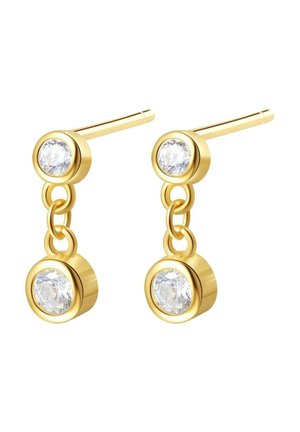 Gold dangle earrings feature two clear round crystals set in circular settings, connected by a link chain for movement and elegance.