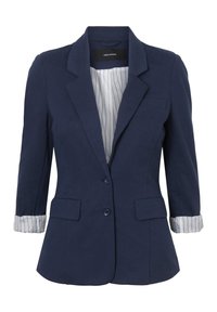 Marinblå blazer med klandestil, två framfickor och knappstängning. Innertyg har ett vitt randigt mönster.