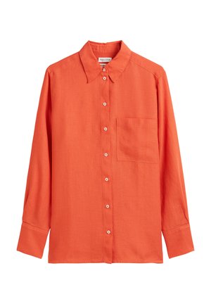 Long-sleeve shirt in bright orange linen, featuring a classic collar, button front, and a single chest pocket with a relaxed fit.