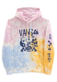 Hoodie tie-dye colorato in rosa, blu e giallo, con tasca a marsupio. Presenta grafiche che includono un coniglio, un fungo e motivi floreali.