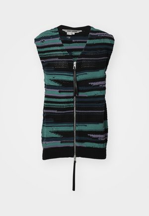 Knitted sleeveless vest in green and black with horizontal stripes, featuring a front zipper and black fabric trim at the neckline and hem.