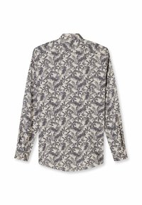 Beiges Langarmhemd mit dunkelgrauem botanischem Blattmuster, geknöpften Manschetten und klassischem Kragen, von hinten gezeigt.