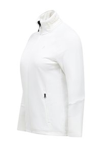 Giacca bianca con zip e colletto alto, realizzata in materiale morbido e elastico. Presenta una tasca laterale con zip e un branding discreto sul colletto.