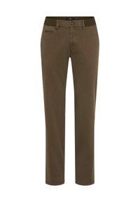 Pantaloni marroni scuri con una vita elastica leggermente elasticizzata, tasche frontali e design a gamba dritta in un tessuto liscio.