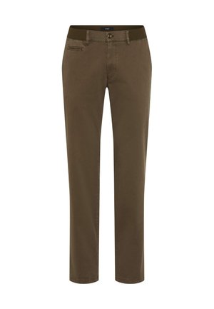 Pantaloni marroni scuri con una vita elastica leggermente elasticizzata, tasche frontali e design a gamba dritta in un tessuto liscio.