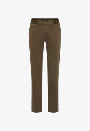 Pantaloni marroni scuri con una vita elastica leggermente elasticizzata, tasche frontali e design a gamba dritta in un tessuto liscio.