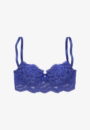 Blaue Spitzen-BH mit floralem Muster, verstellbaren Trägern und einem kleinen dekorativen Charme in der Mitte vorne.
