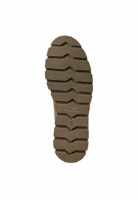 Semelle de botte en caoutchouc marron avec un motif en zigzag texturé, comportant un logo circulaire et un marquage de taille "37" près du talon.
