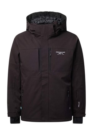 Veste d'hiver noire à capuche avec fermeture éclair devant, poignets avec trou pour le pouce, deux poches poitrine et logo Swedemount sur la poitrine gauche.