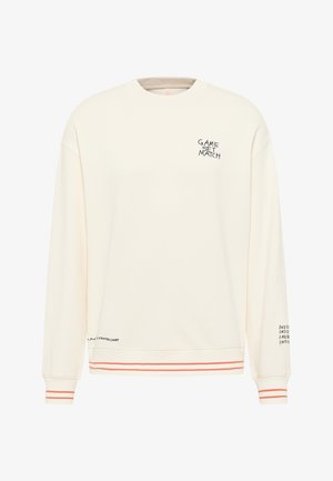 Sweat-shirt couleur crème à manches longues, col rond, texte brodé « GAME SET MATCH » et rayures latérales orange à l'ourlet et aux poignets.
