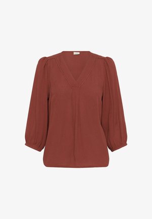 Rust-colored blouse with a V-neck, vertical pleating, and puffed long sleeves. Trimmed neckline and soft, textured fabric.