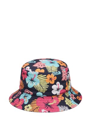 Chapeau bob à motifs avec un fond sombre orné de dessins floraux et de feuilles colorées. Ajustable avec un détail du logo Roxy sur le côté.