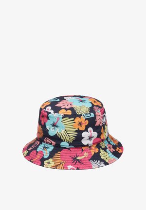 Chapeau bob à motifs avec un fond sombre orné de dessins floraux et de feuilles colorées. Ajustable avec un détail du logo Roxy sur le côté.