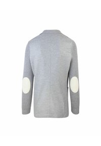 Cardigan grigio a maglia con maniche a coste e toppe bianche a contrasto sui gomiti. Design con colletto classico e apertura frontale.
