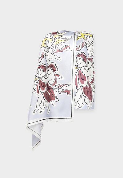 Μεταξωτό μαντήλι με χειροποίητα σχέδια αγγέλων που παίζουν όργανα και πετούν, με απαλά παστέλ χρώματα και μαύρο περίγραμμα σε λευκό φόντο.