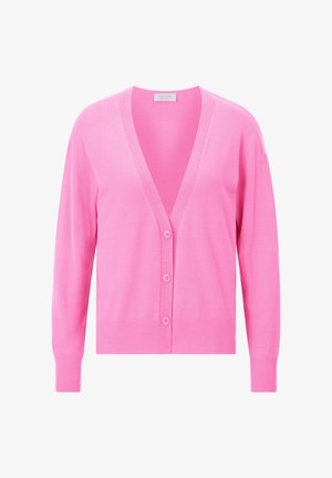 Roza jopica iz mehkega pletenega materiala, z V-izrezom, dolgimi rokavi in petimi gumbi na sprednji strani.