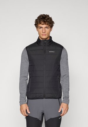 Schwarwest gepolsterte Weste mit hohem Kragen, Reißverschluss vorne und zwei Seitentaschen. Über einem grauen Langarmshirt getragen. Glattes Material mit einem eleganten Design.