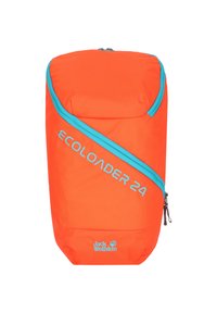 Orange Rucksack mit schlankem Design, ausgestattet mit einem türkisfarbenen Reißverschluss und Branding. Hergestellt aus strapazierfähigem Material mit strukturiertem Finish.