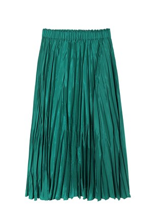 Plisseret nederdel i livlig teal. Fremstillet af glat, reflekterende stof. Har en elastisk talje og lige kant. Struktureret design.