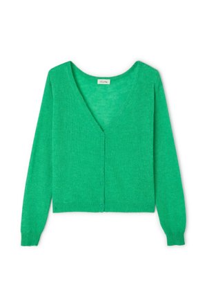 Grøn cardigan med V-udskæring, lange ærmer og knaplukning foran. Lavet af blødt materiale med en tekstureret overflade. Korte design.