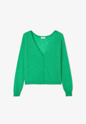 Grüne Strickjacke mit V-Ausschnitt, langen Ärmeln und Knopfleiste. Aus weichem Material mit strukturierter Oberfläche. Kurz geschnittenes Design.