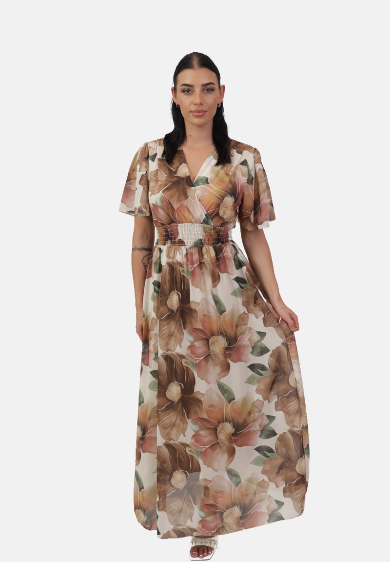 Robe maxi avec un motif floral en beige, marron et rose pâle. Tissu léger avec des manches transparentes et une taille smockée.