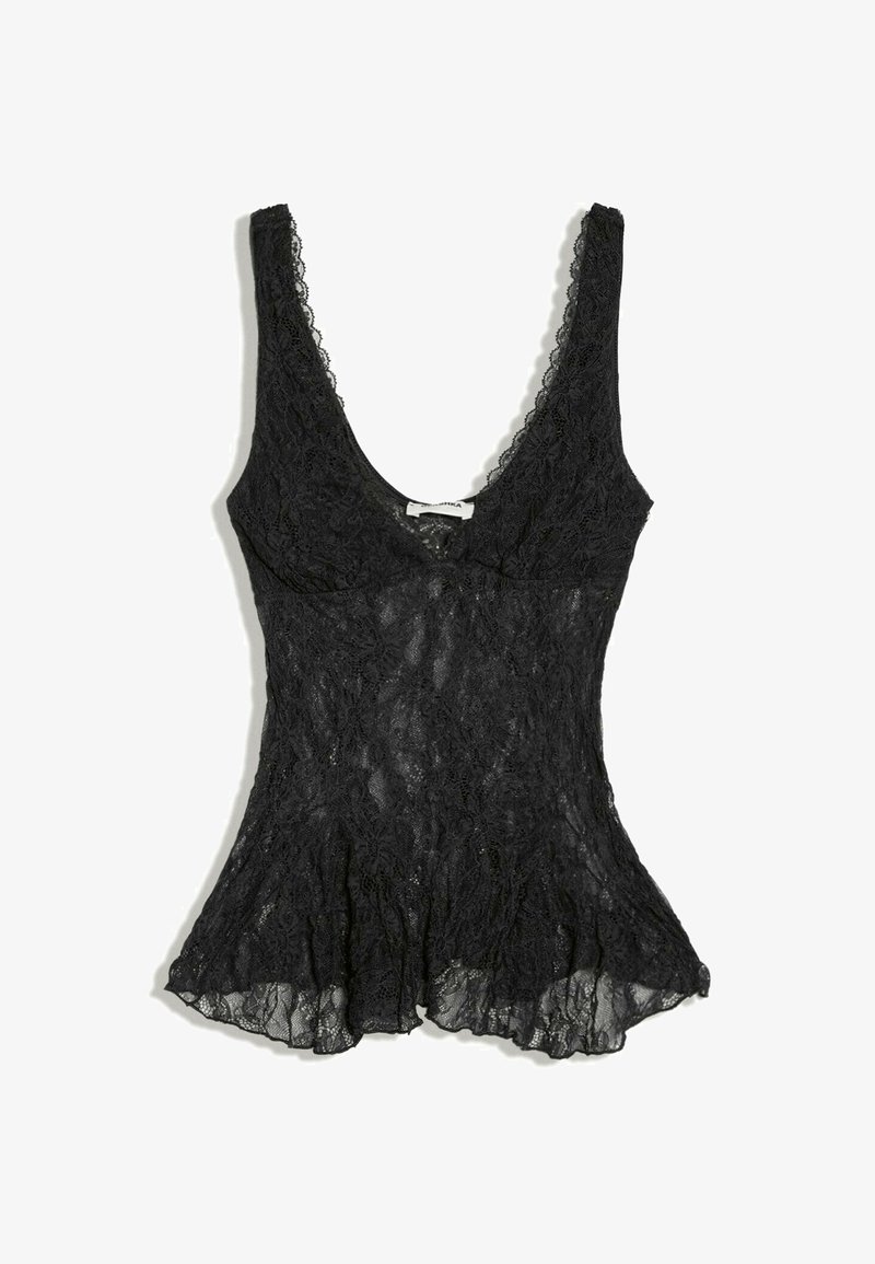 Haut sans manches en dentelle noire avec un décolleté profond en forme de U et un ourlet évasé, présentant un motif floral en dentelle et un tissu semi-transparent.