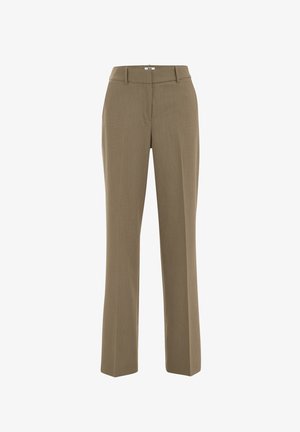 Brown, tailored trousers with a straight leg design. Features a smooth texture and a hidden zip closure at the waist. Minimalist style.