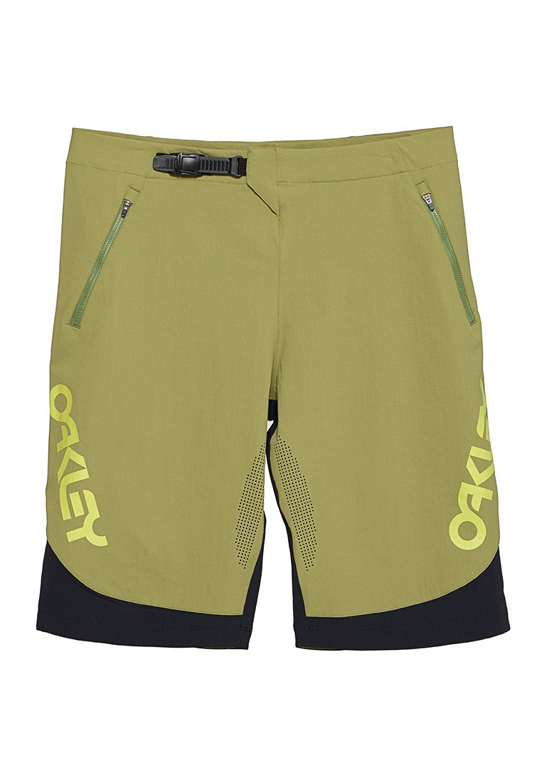 Grüne und marineblaue Badehose mit Schnallenverschluss, seitlichen Reißverschlusstaschen und Netzdetails. Mit großem "OAKLEY"-Logo in Gelb.