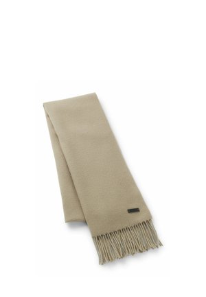 Beige wool scarf folded with fringed ends and a small, rectangular black label near one edge.
