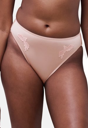 Peach-colored bikini briefs made of smooth fabric, featuring embroidered tassels on the sides and a low-rise cut.