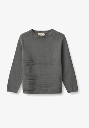 Szary sweter dziany z okrągłym dekoltem, długimi rękawami i poziomymi, teksturowanymi paskami na przodzie i przy dolnym brzegu.