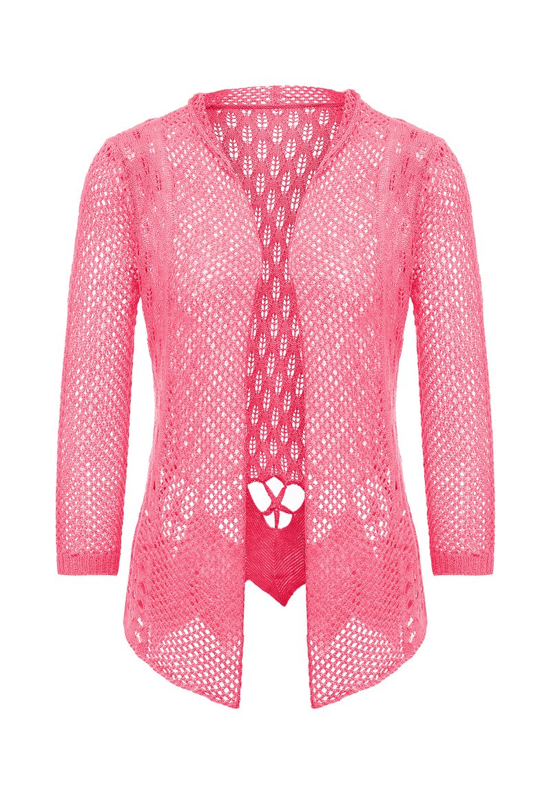 Rózsaszín, nyitott kötésű kardigán háromnegyedes ujjal. Domború mintázattal és mély V-kivágással rendelkezik. Könnyű és légáteresztő kialakítás.
