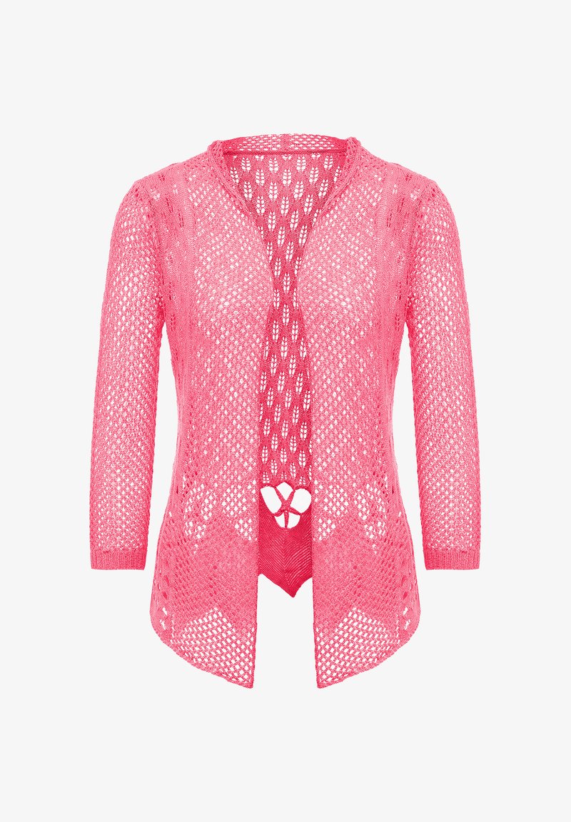 Rózsaszín, nyitott kötésű kardigán háromnegyedes ujjal. Domború mintázattal és mély V-kivágással rendelkezik. Könnyű és légáteresztő kialakítás.