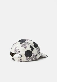Baseball cap with a white background, featuring black and pink floral patterns. Adjustable strap at the back for size customization.