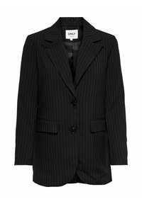 Svart randig kavaj med en strukturerad design, enradig knappstängning, slagkrage och två framfickor. Slät tygtextur.