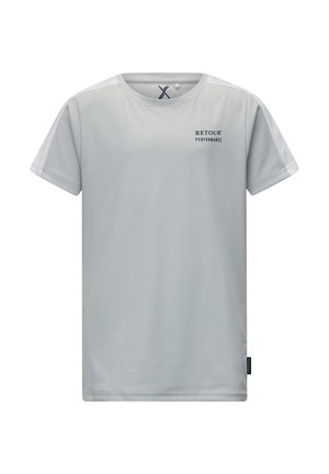 Jasnoszary t-shirt z krótkim rękawem, wykonany z tkaniny syntetycznej. Ma okrągły dekolt i logo z przodu po lewej stronie. Gładka faktura.
