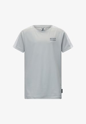 T-shirt grigio chiaro a maniche corte realizzato in tessuto sintetico. Presenta un collo rotondo e un logo sul lato sinistro anteriore. Texture liscia.