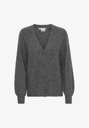 Cardigan grigio realizzato in morbido tessuto testurizzato. Presenta un scollo a V profondo, maniche lunghe e cinque bottoni sulla parte anteriore. Design semplice.