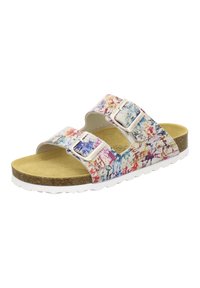 Two-strap sandals with a colorful splatter pattern. Made of synthetic material, featuring a cork footbed and white rubber sole. Adjustable buckles.