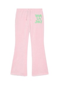 Rozā flared stila sporta bikses no mīkstas materiāla, ar elastīgu jostu un zaļu "VIVA LA JUICY" grafiku sānos.
