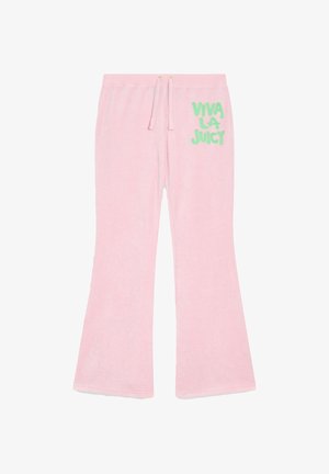 Rozā flared stila sporta bikses no mīkstas materiāla, ar elastīgu jostu un zaļu "VIVA LA JUICY" grafiku sānos.