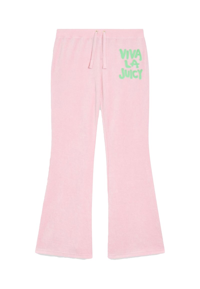 Rozā flared stila sporta bikses no mīkstas materiāla, ar elastīgu jostu un zaļu "VIVA LA JUICY" grafiku sānos.