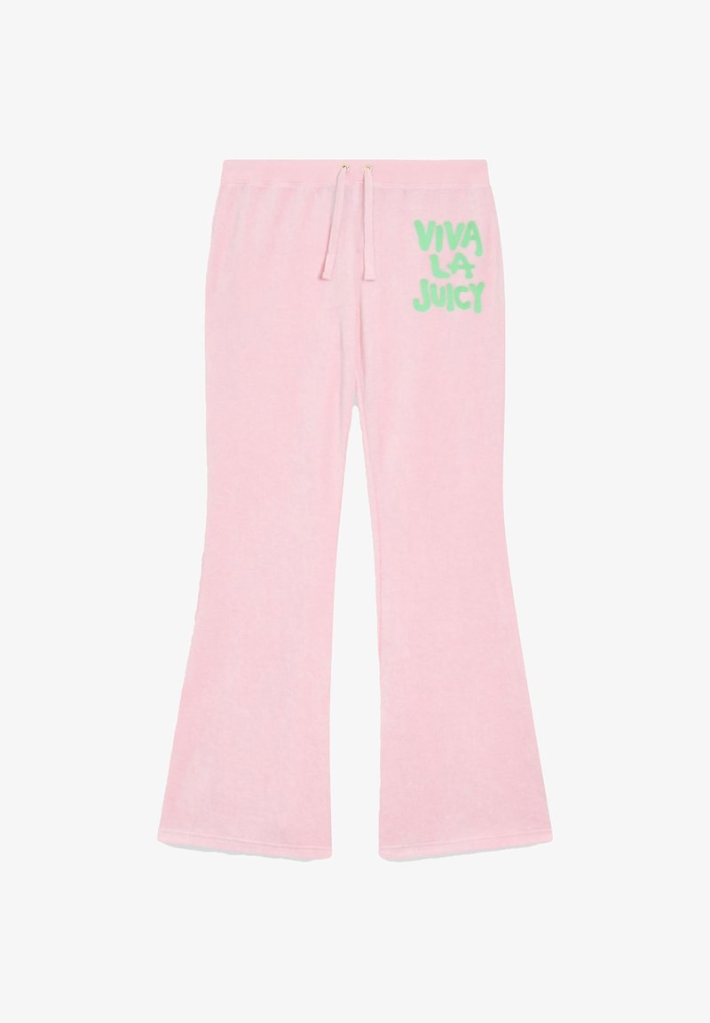 Rózsaszín, bő szárú sportnadrág, puha anyagból, elasztikus derékrésszel és zöld "VIVA LA JUICY" grafikával az oldalon.