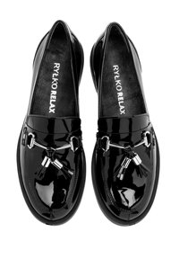 Black patent leather loafers with textured tassels and silver hardware accents, featuring a round toe and flat rubber sole.
