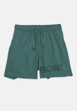 Muži plavecké šortky tyrkysovo-zelené s elastickým pásom, sťahovacou šnúrou, bočnými vreckami a nápisom "BORG" vytlačeným tmavými písmenami na ľavej nohe.