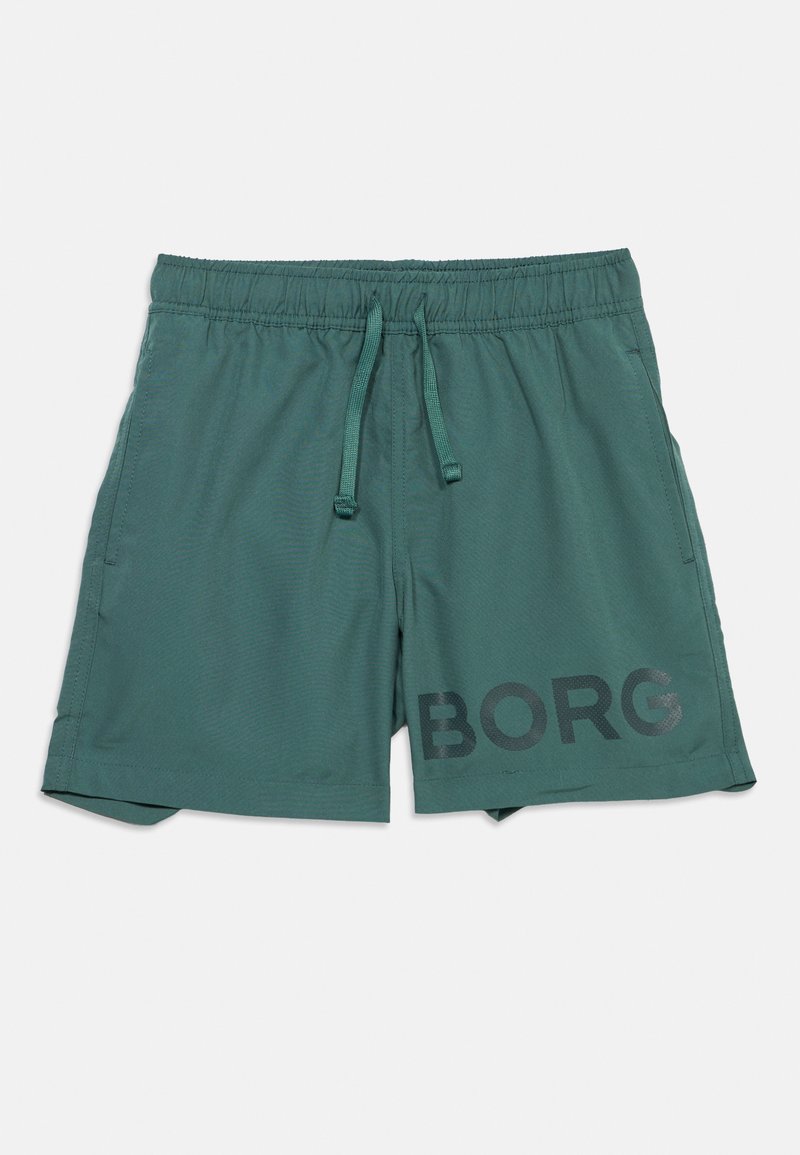 Μπλε-πράσινα ανδρικά μαγιό με ελαστική μέση, κορδόνι, πλαϊνές τσέπες και την επιγραφή "BORG" σε σκούρα γράμματα στο αριστερό πόδι.