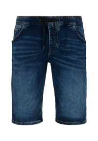 Denim shorts in dark blue with a drawstring waist, two front pockets, and a smooth texture. Features contrast stitching at the edges.