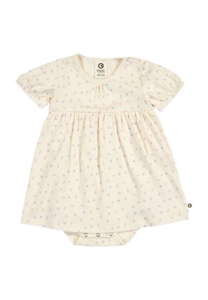 Cream baby dress with short puffed sleeves, small pink and blue floral print, and snap buttons at shoulder and bottom for easy changing.